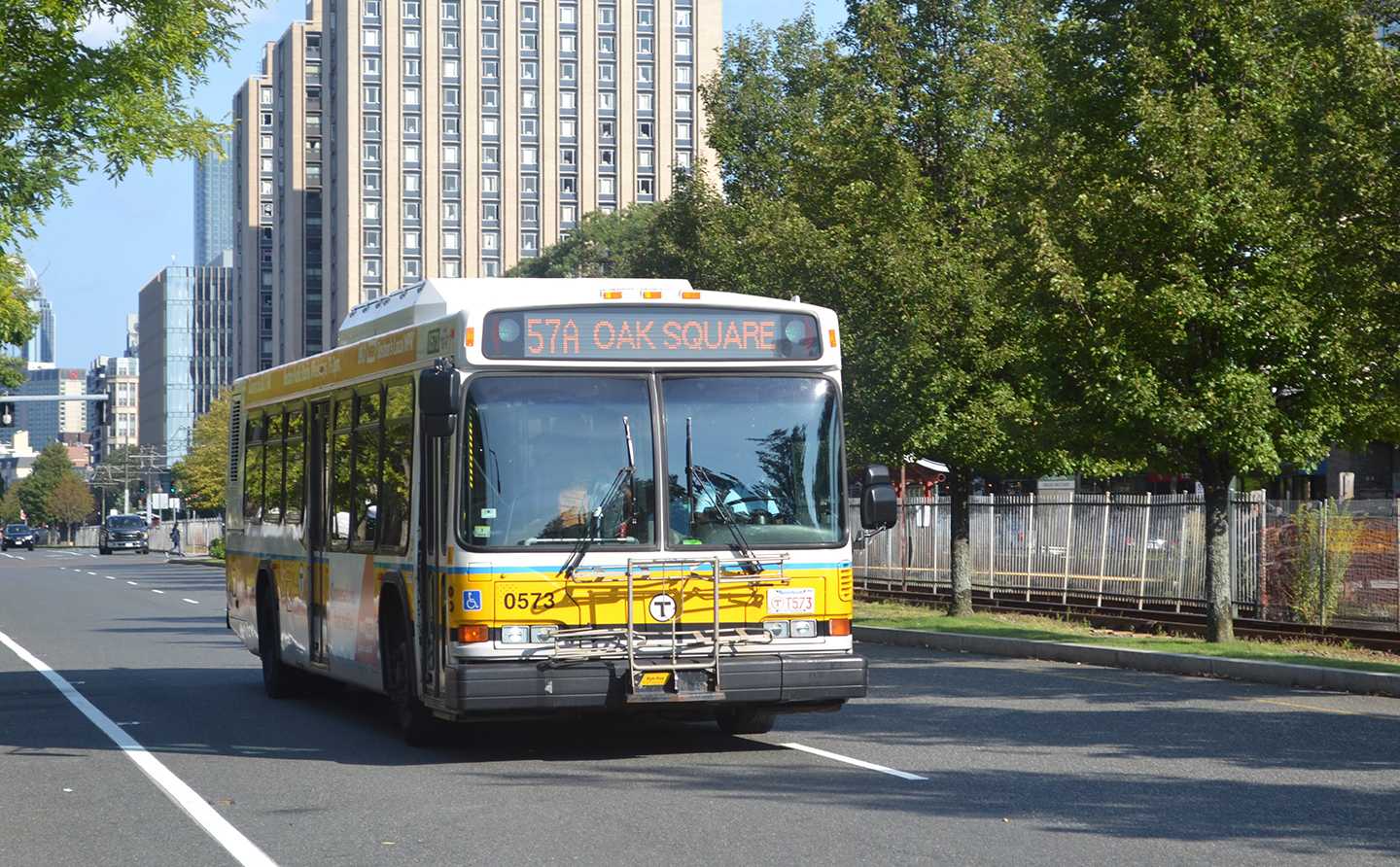 An MBTA bus on Commonwealth Avenue. Transportation advocates and planners are pushing to create bus-only lanes in the center of roads and shoulders of highways in and around Boston. CAROLINE FERNANDEZ/ DFP FILE
