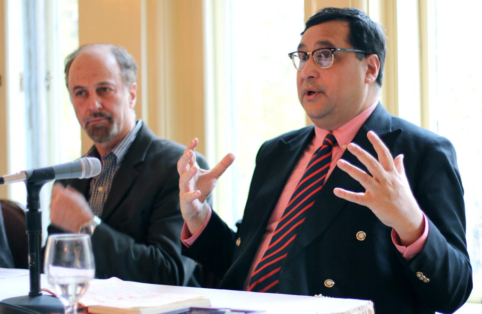 Adil Najam speaks during “The Moral Case for Saving the Planet: Religious Perspectives on Climate Change” panel at the Boston University Castle Monday afternoon. PHOTO BY JOHNNY LIU/DAILY FREE PRESS STAFF