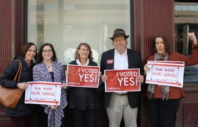 Massachusetts adjunct professors gather to vote about unionization at the National Labor Relations Board in Boston Wednesday. PHOTO BY BETSEY GOLDWASSER/DAILY FREE PRESS STAFF