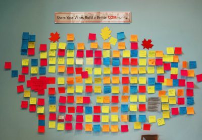 Sticky notes cover the wall in the lobby of the College of Communication in an effort to uplift faculty, staff and students. PHOTO BY ALEX MASSET/ DAILY FREE PRESS STAFF