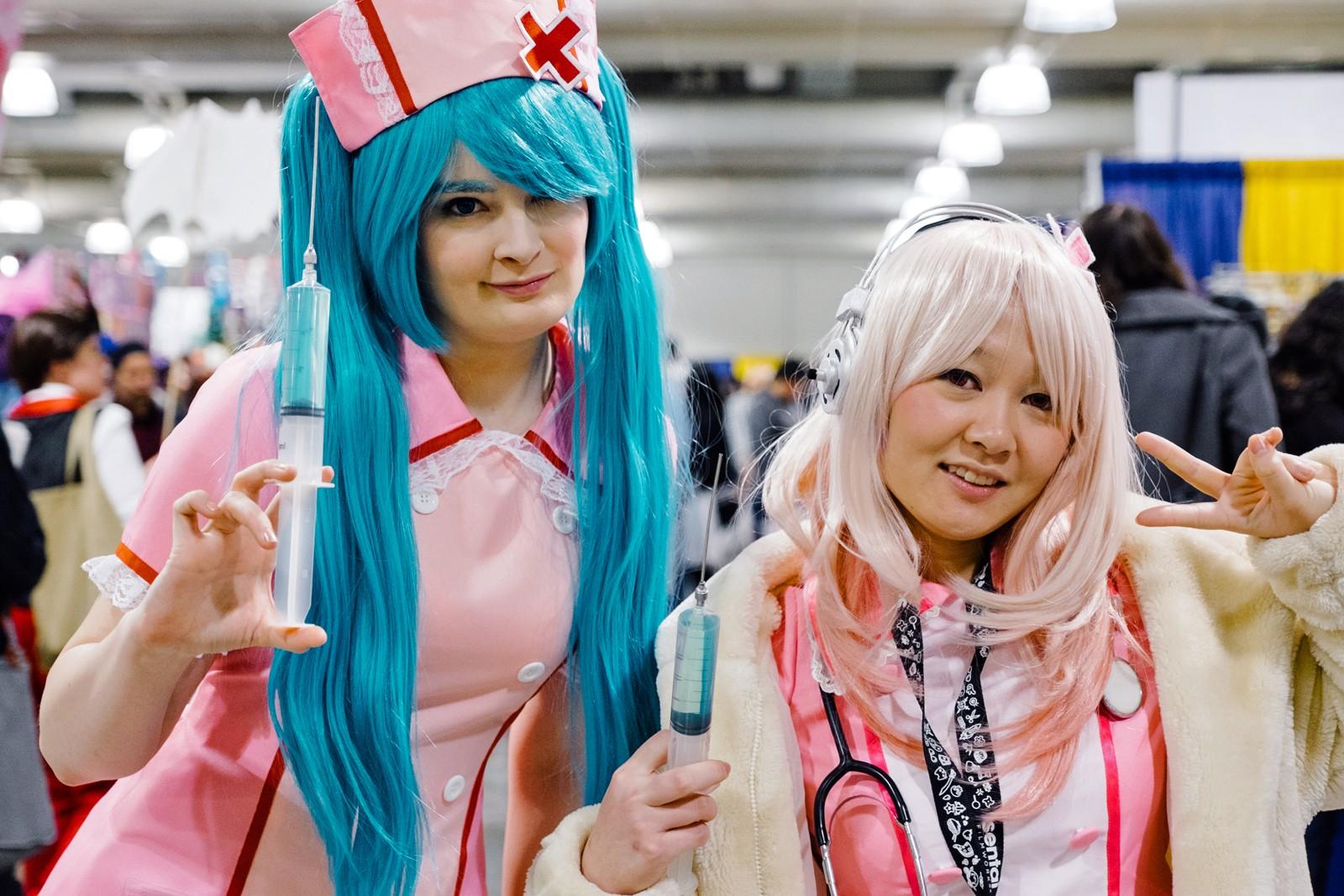 Girls dress as renditions of nurses from the anime show, "Vocaloid." PHOTO BY BRIAN SONG/DAILY FREE PRESS STAFF