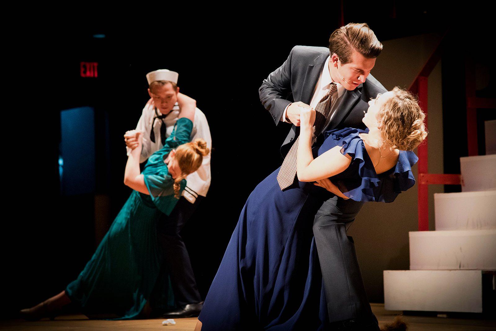 Chris Kuiken as Billy Crocker and Sarah Sosland as Hope Harcourt perform a dance number during rehearsal for BU On Broadway's production of "Anything Goes." PHOTO BY LAUREN PETERSON/ DAILY FREE PRESS STAFF 