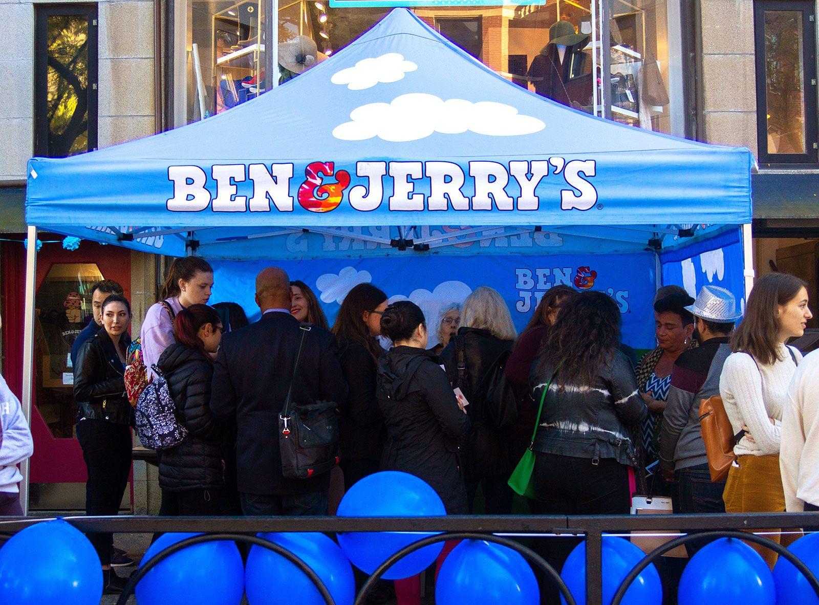 Passersby stop by Ben &amp; Jerry's event outside of their Newbury Street location on Saturday to try the newest flavor, “Justice Remix’d,” that campaigns for criminal justice reform. CONOR KELLEY/ DAILY FREE PRESS STAFF
