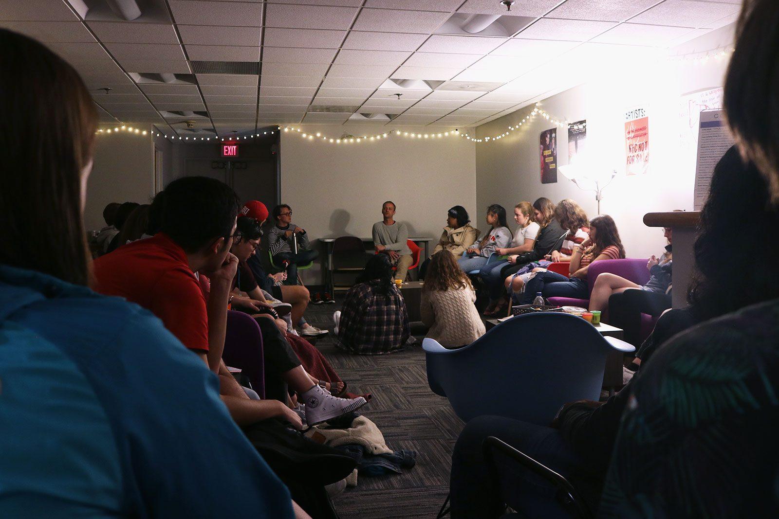 LGBTQ prison abolitionist group Black and Pink leads a discussion in the Center for Gender, Sexuality and Activism in the basement of the George Sherman Union Thursday. LIBBY MCCLELLAN/ DAILY FREE PRESS STAFF