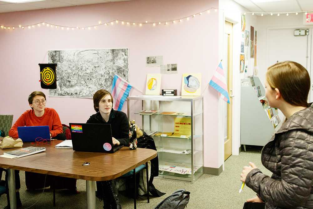 CAS senior Megan Birgy, sophomore Faith Puleikis and junior Rachel Bennetts talk at the BU Center for Gender, Sexuality and Activism on Wednesday evening. CGSA's Gender-Inclusive BU Proposal has made it to the University Council, one of the main governing bodies for the university. PHOTO BY JOHN KAVOURIS/DAILY FREE PRESS STAFF.