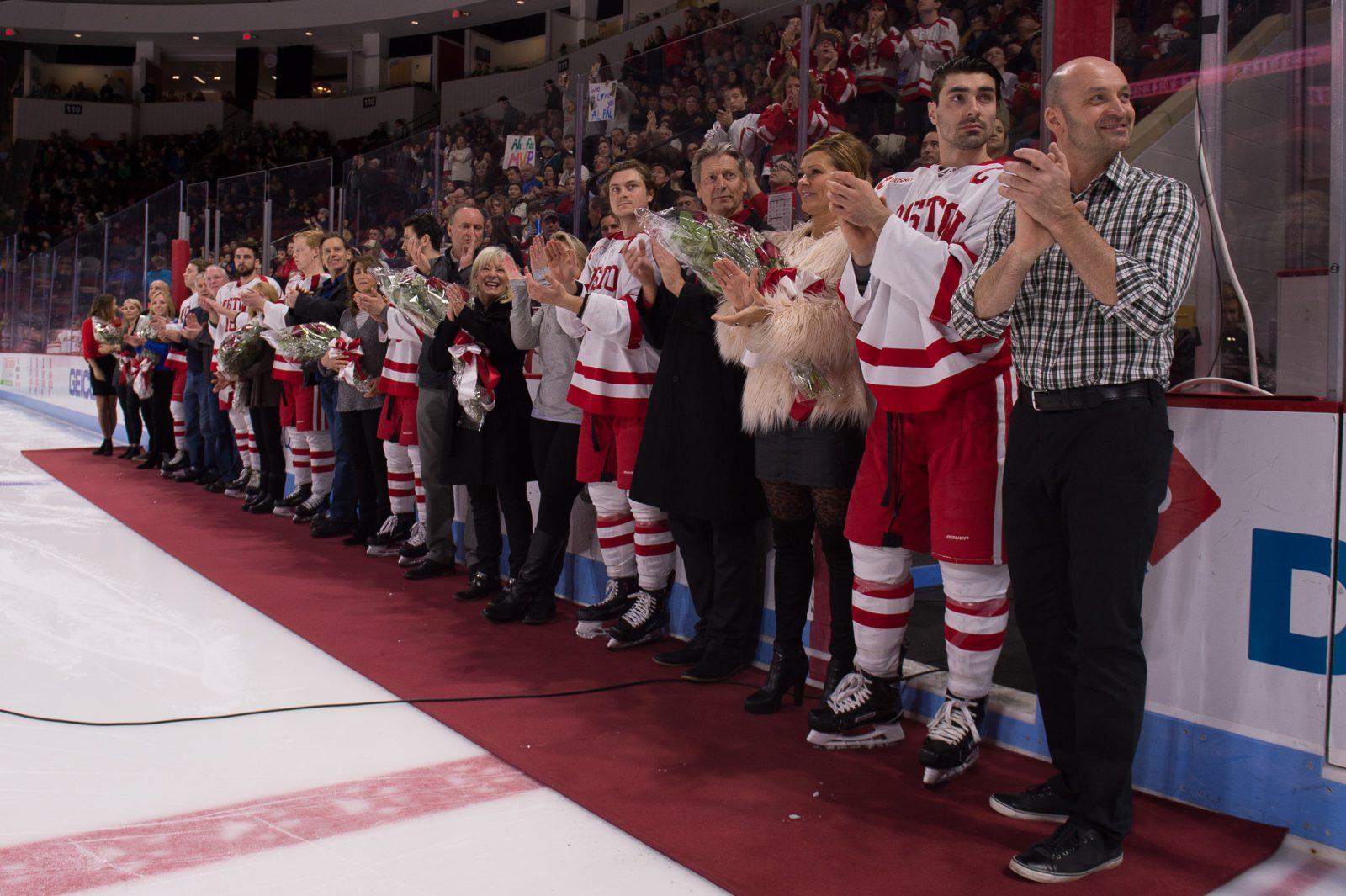 The senior class being honored before the Terriers took on the Catamounts. PHOTO BY MADDIE MALHOTRA/ DAILY FREE PRESS STAFF 