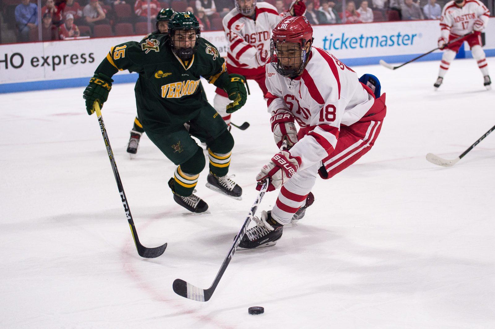 Junior forward Jordan Greenway returned to the Terriers' lineup after being away at the 2018 Winter Olympics. PHOTO BY MADDIE MALHOTRA/ DAILY FREE PRESS STAFF 