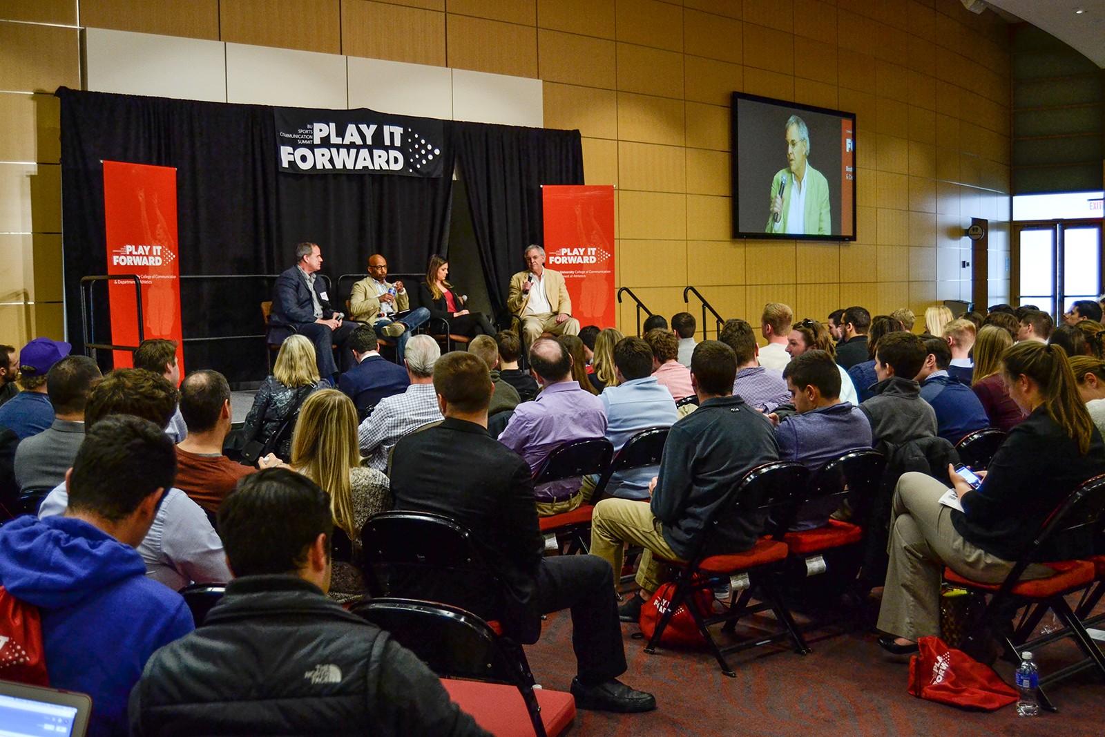 Van Natta Jr., Blackistone, Nolan and Littlefield discussed the future of sports journalism on Friday at Agganis Arena. PHOTO BY SOFIA LAURITO/DAILY FREE PRESS STAFF