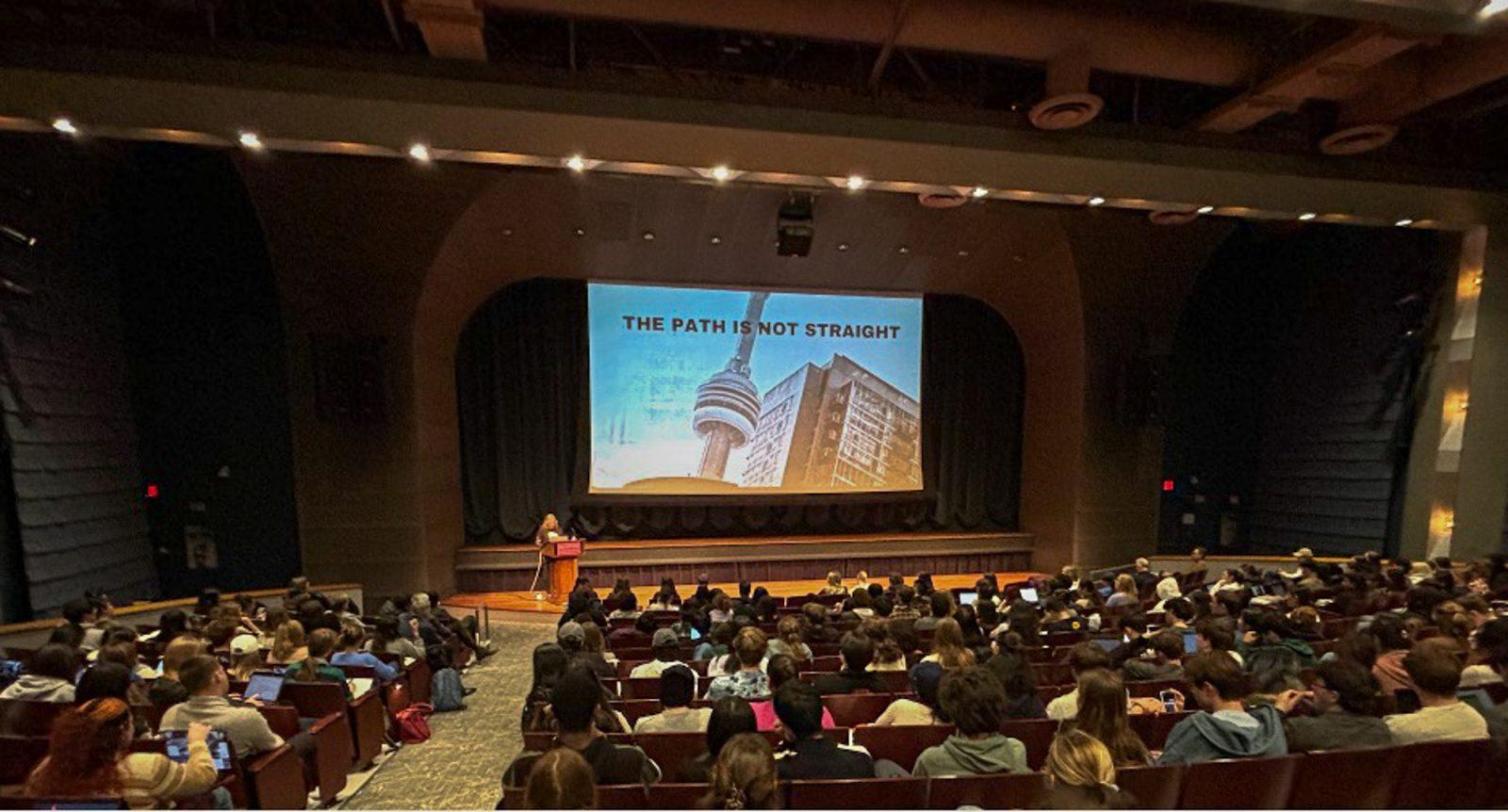 The College of Communication 2024 Writer in Residence Stacy Traub speaks to students during an open lecture on Tuesday. Traub is an Emmy-nominated writer known for her work on popular TV shows such as “Glee” and “black-ish.” COURTESY OF MICHAEL DOWDING