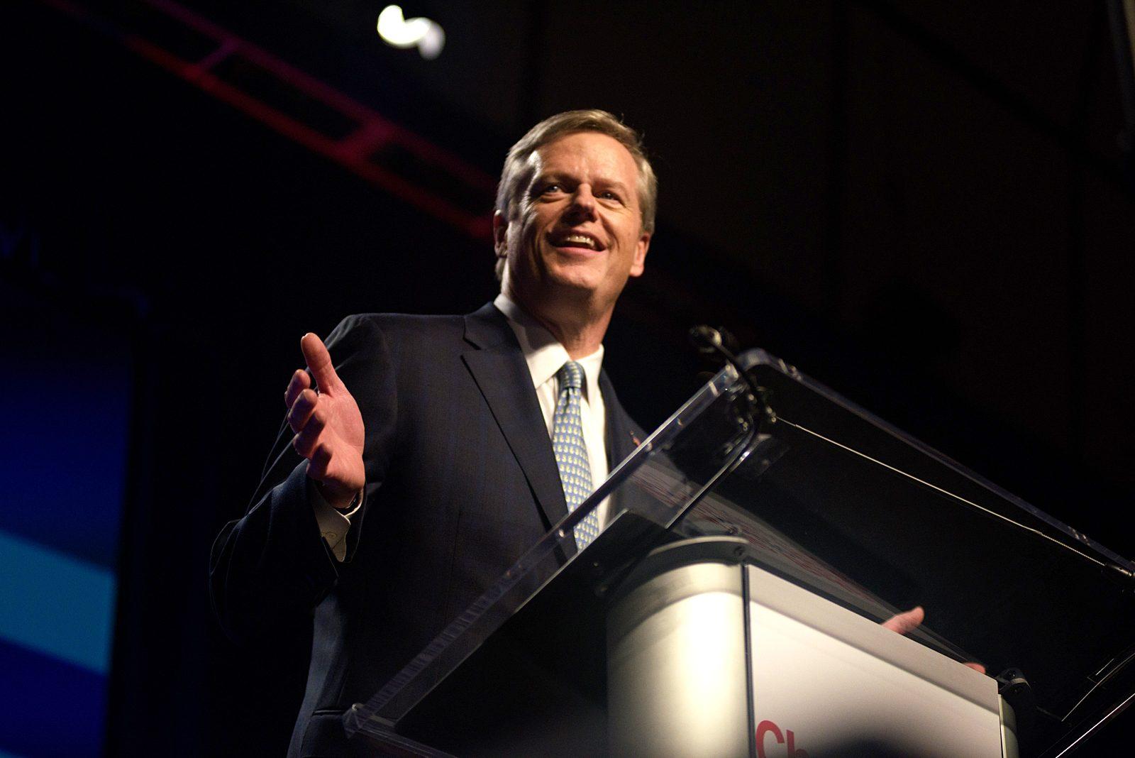 Massachusetts Gov. Charlie Baker on Election Day after winning a re-election in November 2018. Baker’s administration announced Thursday that it will expand domestic violence and sexual assault resources in light of how social distancing could put victims at greater risk. CHLOE GRINBERG/ DFP FILE
