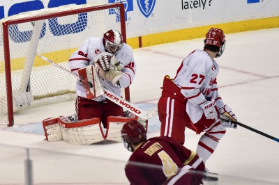 Senior Sean Maguire was stellar between the pipes, recording 41 saves. PHOTO BY MADDIE MALHOTRA/DAILY FREE PRESS STAFF