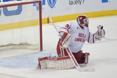 Senior Sean Maguire kept BU in the game early, making several saves of the spectacular variety. PHOTO BY MADDIE MALHOTRA/DAILY FREE PRESS STAFF