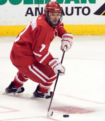 Senior assistant captain Cason Hohmann had one assist to help the No.2/3 Boston University men's hockey team earn a 4-3 overtime victory over Northeastern University in the Beanpot final. PHOTO BY JUSTIN HAWK / DAILY FREE PRESS STAFF