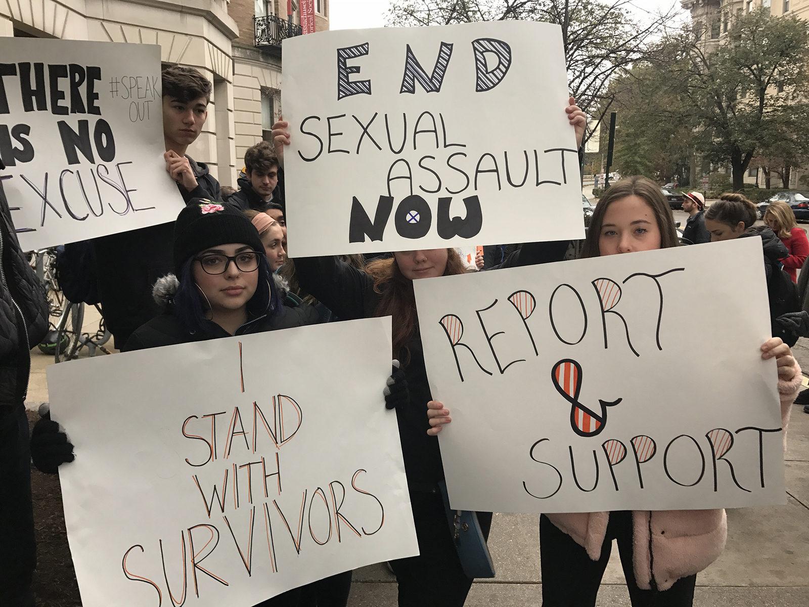 Berklee College of Music students walk from 136 Massachusetts Ave. to the David Friend Recital Hall Monday afternoon in response to sexual assault allegations against Berklee professors. PHOTO BY HALEY LERNER/ DAILY FREE PRESS STAFF
