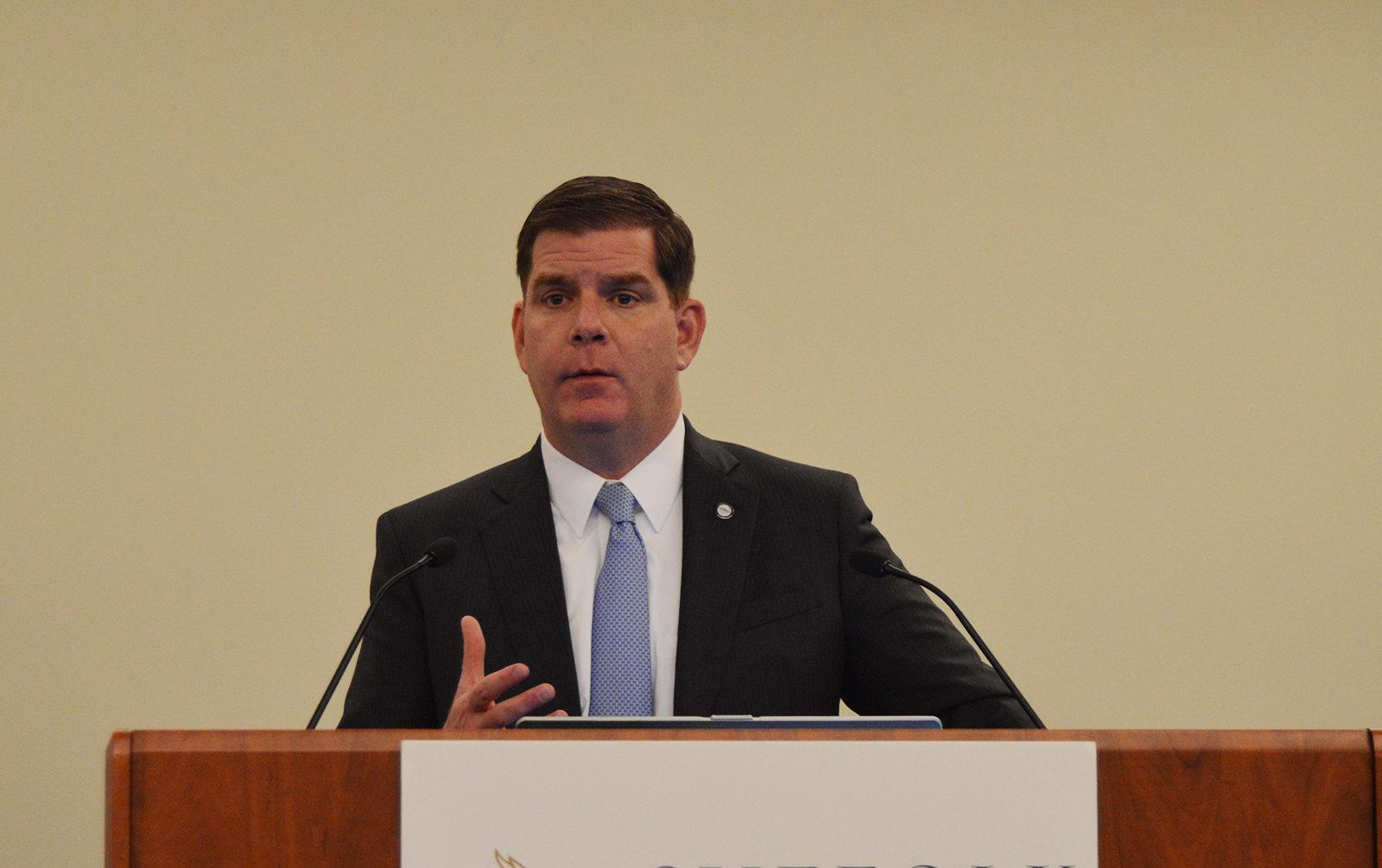 Mayor Martin Walsh announces the 2017-18 SPARK Boston Council of millennials on Aug. 29. PHOTO BY ERIN BILLINGS/ DFP FILE PHOTO