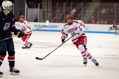 Terrier forward Bobo Carpenter (14) skates down ice on an offensive play during the third period of the game between the Boston University Terriers and the USA Hockey's U-18 Development Team at Agganis Arena in Boston, MA. PHOTO BY JOHN KAVOURIS/DAILY FREE PRESS