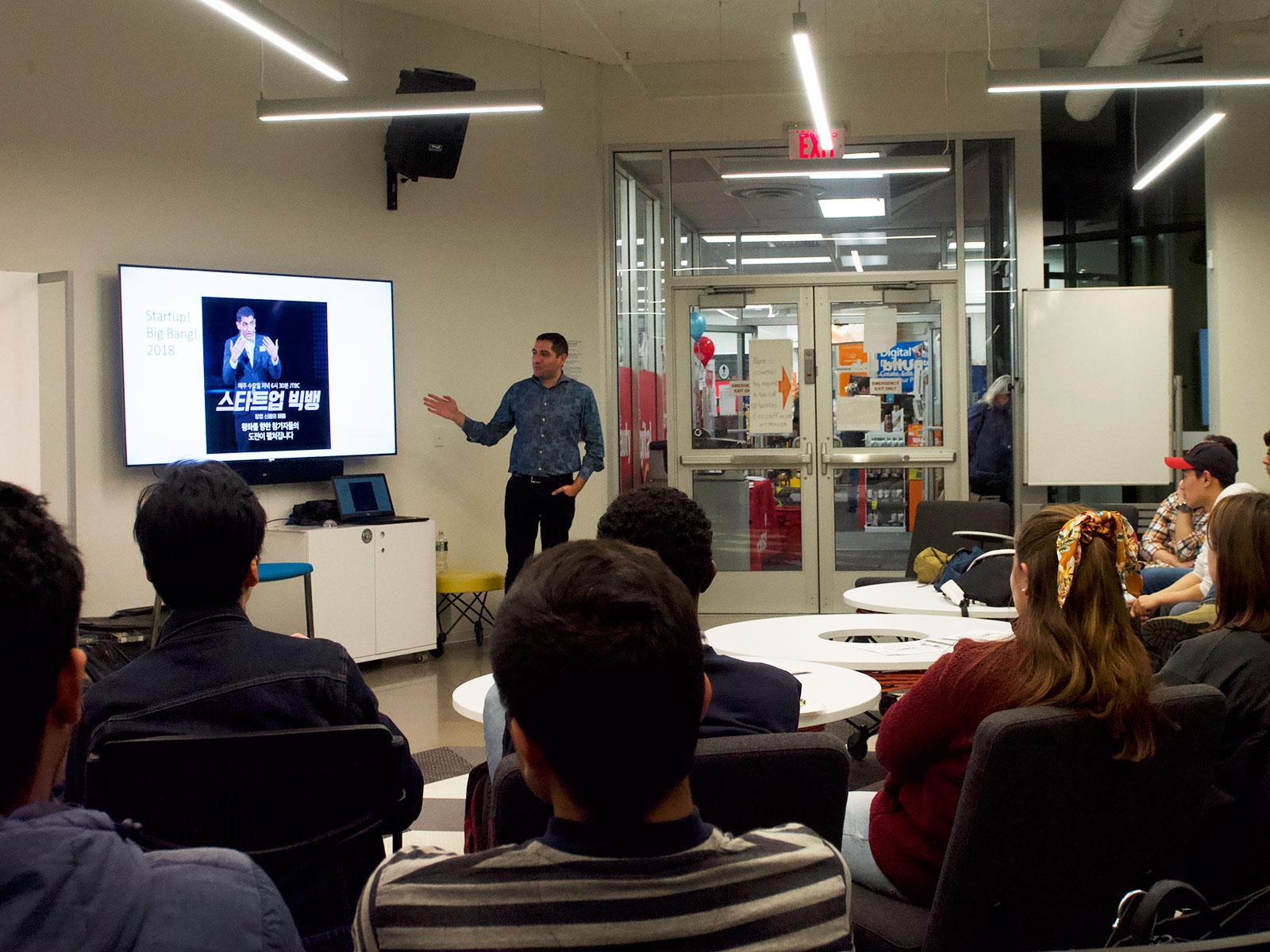 Boston University alum Danny Breegi speaks about Breegi Scientific, Inc., a startup he co-founded with his father Wisam in 2013 to design low-cost incubators, at the BUild Lab Monday. DANIEL KOOL/ DAILY FREE PRESS STAFF