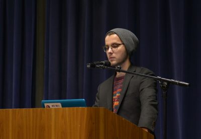 Jake Brewer (CAS '17) counters Nicholas Fuentes’ stance on multiculturalism during a debate Sunday night in the GSU Conference Auditorium. PHOTO BY SHANE FU/ DAILY FREE PRESS STAFF