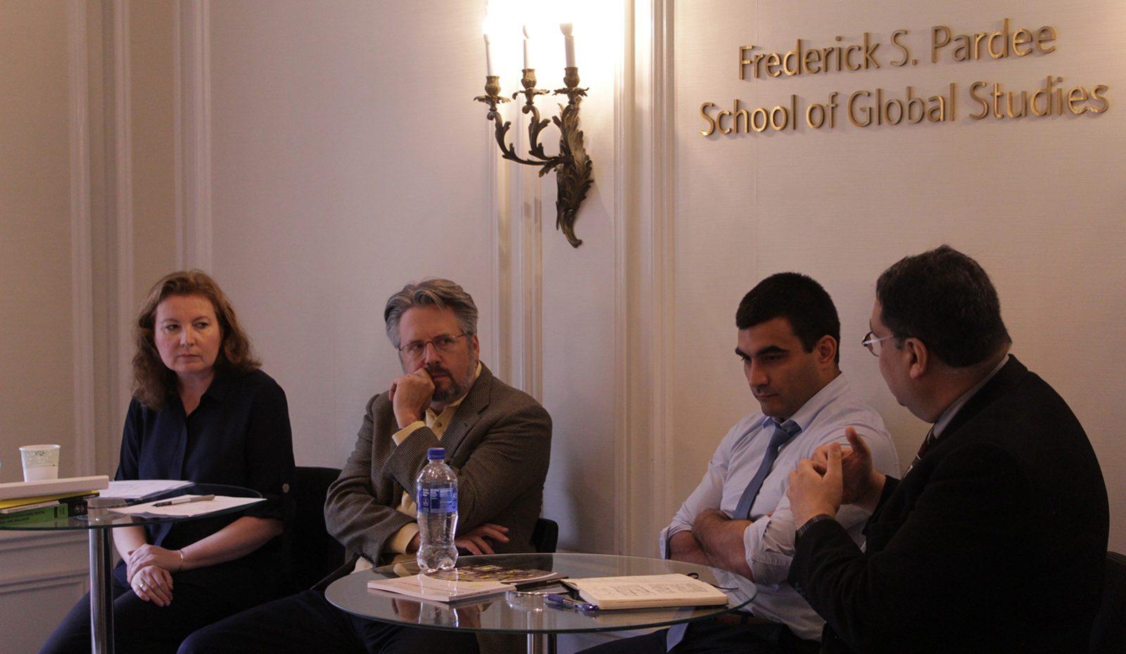 From left to right: Daivi Rodima-Taylor, Perry Mehrling, Georgi Panterov and Adil Najam speak at an event Wednesday titled “Beyond the Headlines: Cryptocurrencies and Blockchain,” hosted by the Boston University Frederick S. Pardee School of Global Studies. COURTESY OF CHRIS GAMBON/ THE PARDEE SCHOOL
