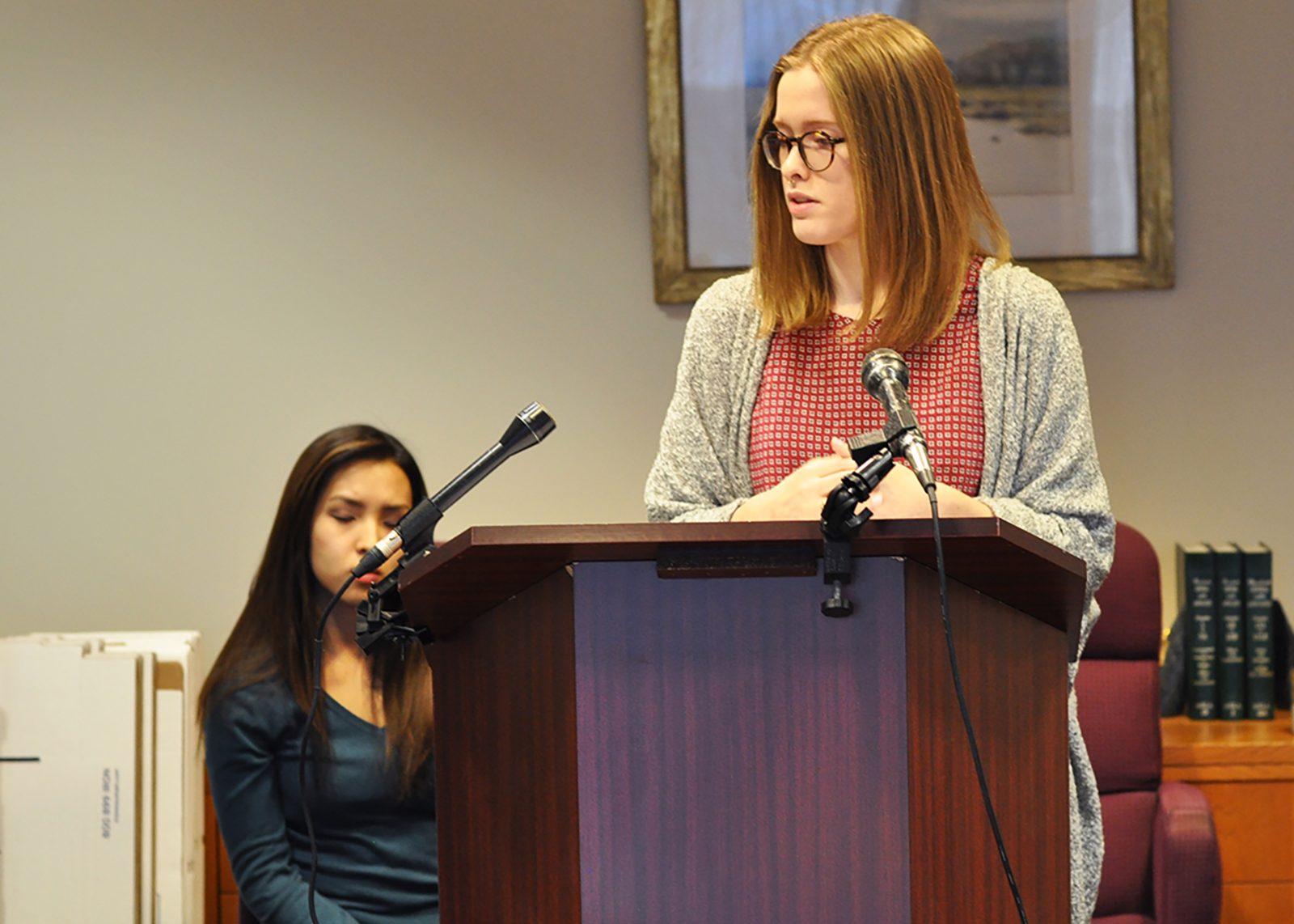 Maria Currie, a former Boston University student, speaks at a press conference Wednesday afternoon regarding a sexual harassment case that she and another student filed against a university professor in April. PHOTO BY BRIANNA BURNS/ DAILY FREE PRESS STAFF