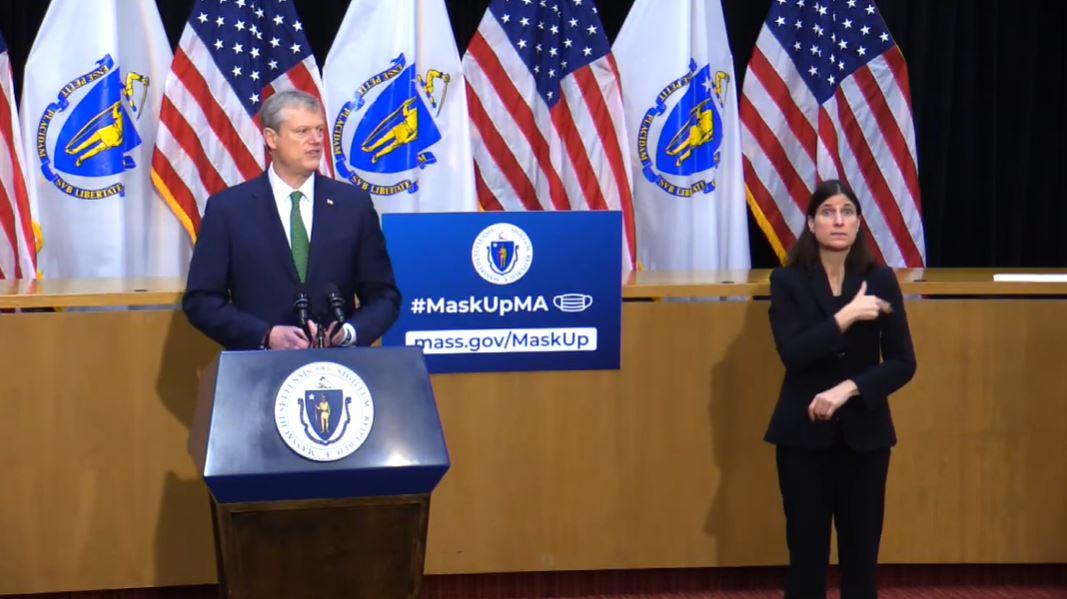 In a press conference Tuesday, Gov. Charlie Baker announced Massachusetts communities will return to Phase Three, Step One of the state’s reopening plan starting Sunday. POOL CAMERA

