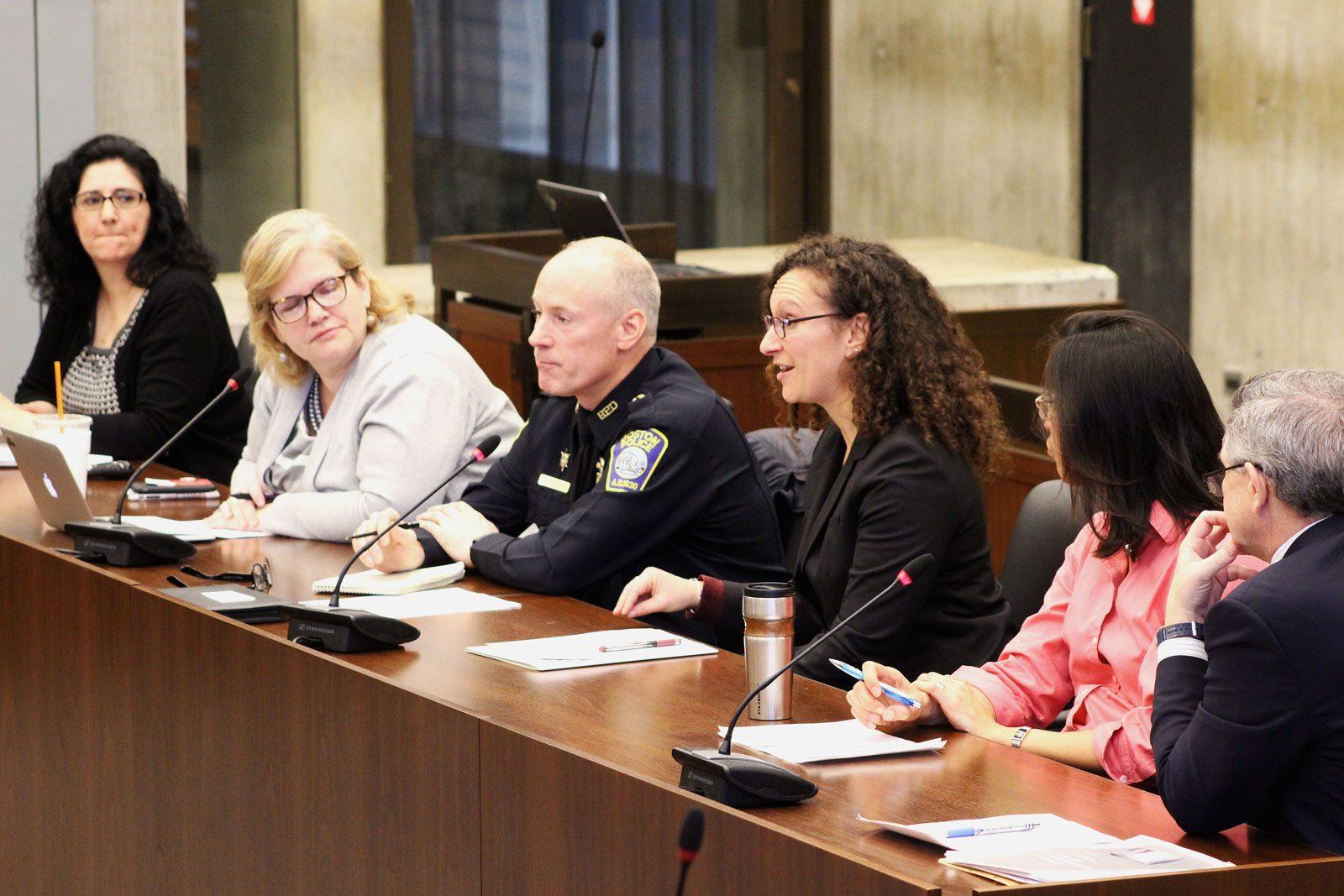 From left to right: Kelley Cunningham, Andria Amador, Michael Stratton, Jenna Savage, Jennifer Lo and John Bradley testify at a hearing Monday morning hosted by the Committee on Homelessness, Mental Health and Recovery. RACHEL SHARPLES/ DAILY FREE PRESS STAFF
