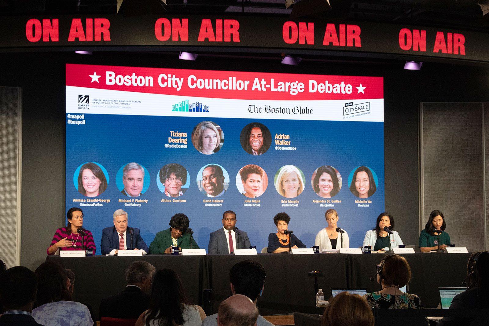 The eight city councilor-at-large candidates at a debate hosted at WBUR’s CitySpace Tuesday. RACHEL SHARPLES/ DAILY FREE PRESS STAFF
