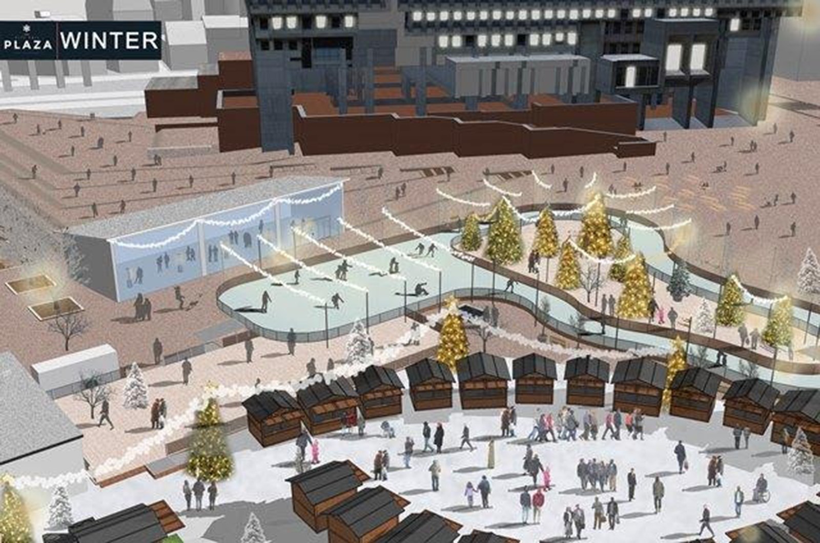 A rendering shows plans for enhancements such as an ice skating rink and a holiday market in City Hall Plaza for the winter season. PHOTO COURTESY BOSTON GARDEN DEVELOPMENT CORPORATION 