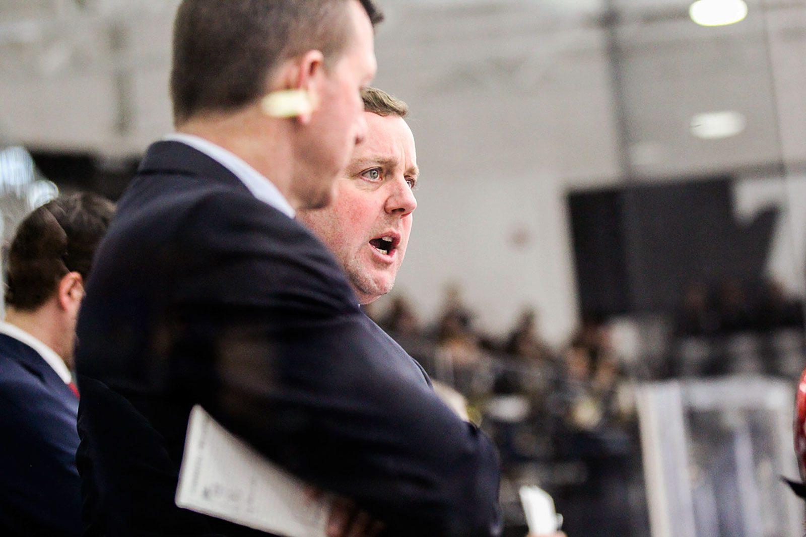 Second-year head coach Albie O’Connell instructs the BU men’s hockey team in a contest at Providence College last spring.
