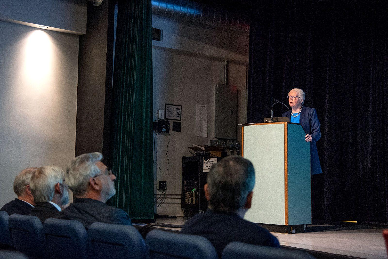 Jean Morrison, university provost and chief academic officer, speaks at a Tuesday town hall discussion in the George Sherman Union auditorium regarding the construction of the new Center for Computing Sciences. DANIEL MU/ DAILY FREE PRESS STAFF