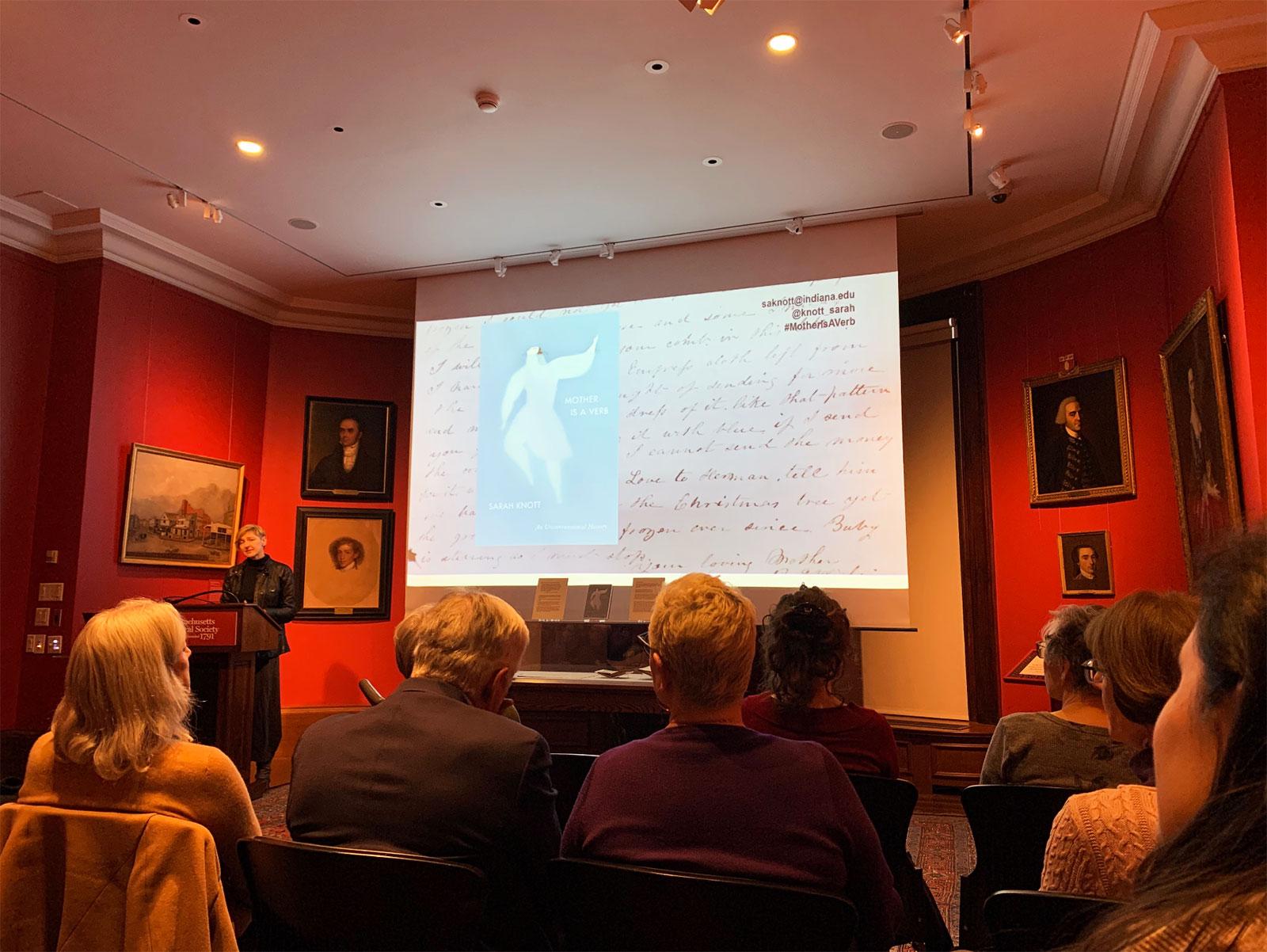 British feminist and historian Sarah Knott spoke about “Mother is a Verb,” her 2019 memoir on female experiences of motherhood since the 17th century, at the Massachusetts Historical Society Wednesday. CAMERON MORSBERGER/ DAILY FREE PRESS STAFF