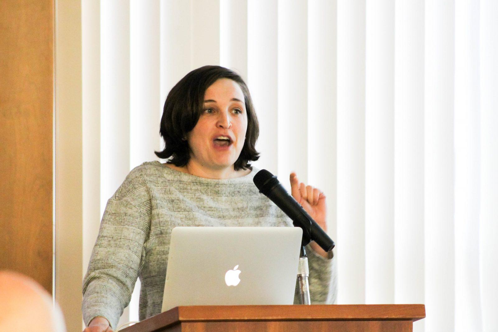 Katharine Lusk, executive director of the Boston University Initiative on Cities, speaks Monday at the “Understanding and Improving our Urban Climate” lecture. RACHEL SHARPLES/ DAILY FREE PRESS STAFF