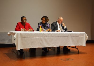 Rev. Dr. Barbara Reynolds, co-author of the newly released book “My Life, My Love, My Legacy,” and Roger Brooks, president and CEO of Facing History and Ourselves, participate in a panel discussing the cultural, social and political state of the country. PHOTO BY CAROLYN KOMATSOULIS/ DAILY FREE PRESS STAFF