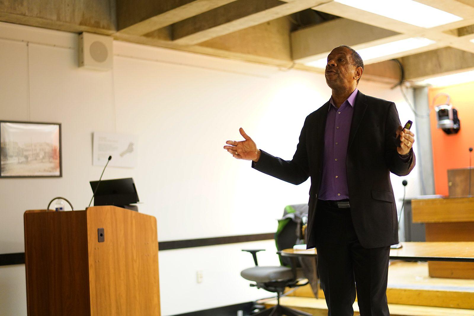 Boston Mayor Martin Walsh’s Office of Resilience and Racial Equity hosts Ceasar McDowell at City Hall Tuesday afternoon for the first lecture of the office's speaker series. PHOTO BY ALEX NOVAKOVIC/ DAILY FREE PRESS STAFF