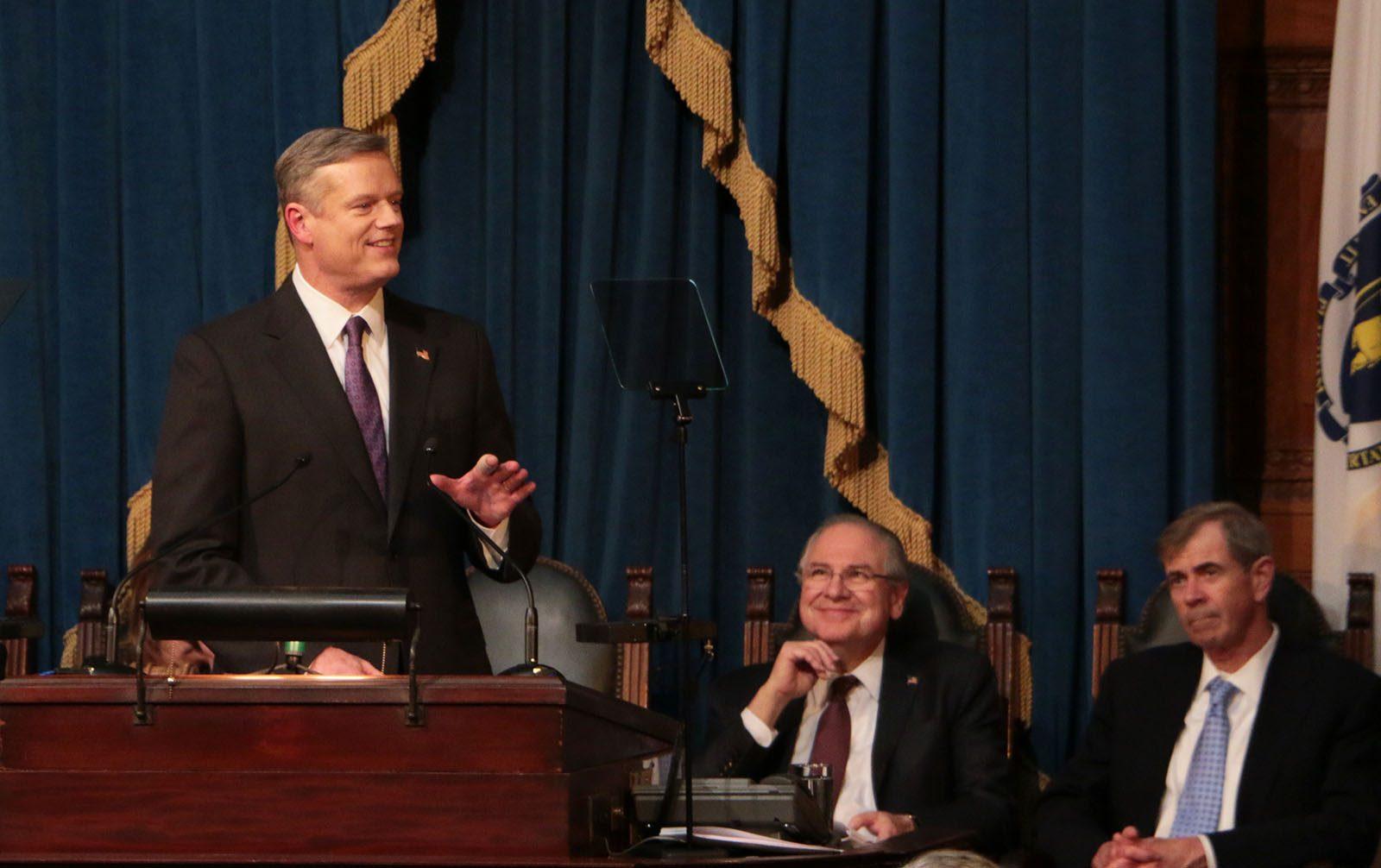 Gov. Charlie Baker speaks at the State of the Commonwealth last January. He speaks again at this year’s State of the Commonwealth Tuesday night. PHOTO BY KELSEY CRONIN/ DFP FILE PHOTO
