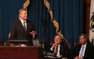 Gov. Charlie Baker speaks at the State of the Commonwealth last January. He speaks again at this year’s State of the Commonwealth Tuesday night. PHOTO BY KELSEY CRONIN/ DFP FILE PHOTO 