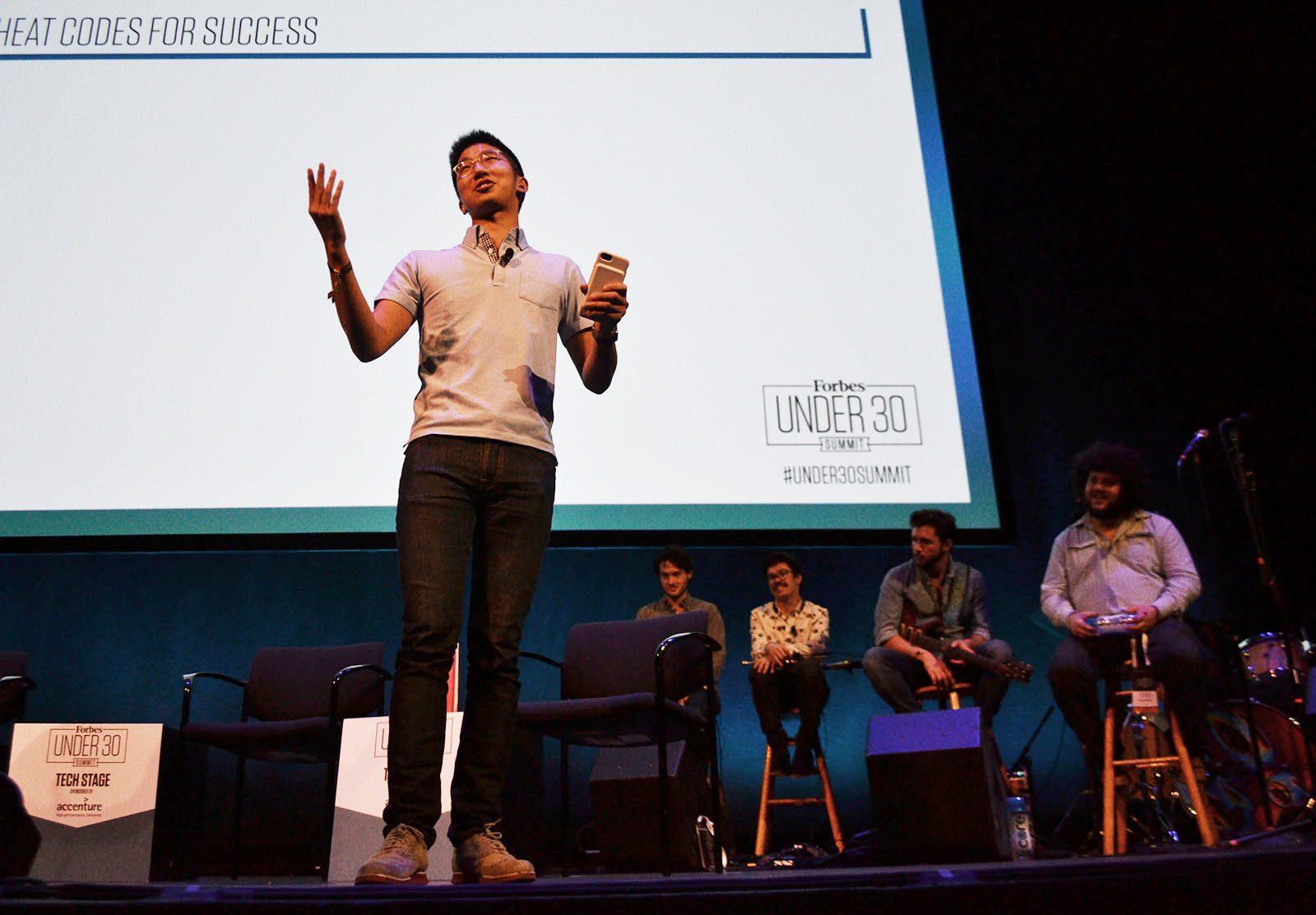 Brian Wong, founder and CEO of Kiip, discusses his book "The Cheat Code" during the Forbes Under 30 Summit. PHOTO BY CHLOE GRINBERG/ DAILY FREE PRESS STAFF 