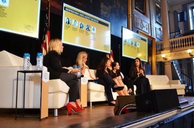 Lisa Falzone, Jennifer Hyman, Marcela Sapone and Hayley Bay Barna speak about their successes as entrepreneurs during the Forbes Under 30 Summit. PHOTO BY CHLOE GRINBERG/ DAILY FREE PRESS STAFF