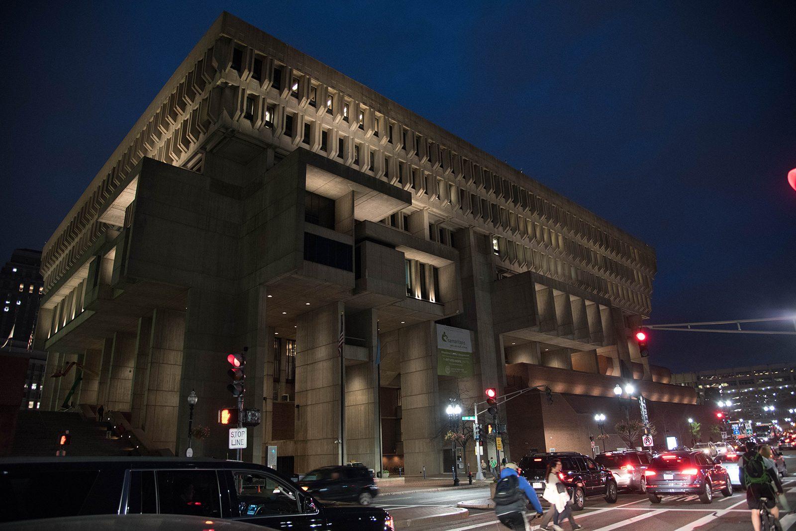 Boston Mayor Martin Walsh unveiled a new exterior light installation at City Hall Thursday. PHOTO BY LAUREN PETERSON/ DAILY FREE PRESS STAFF