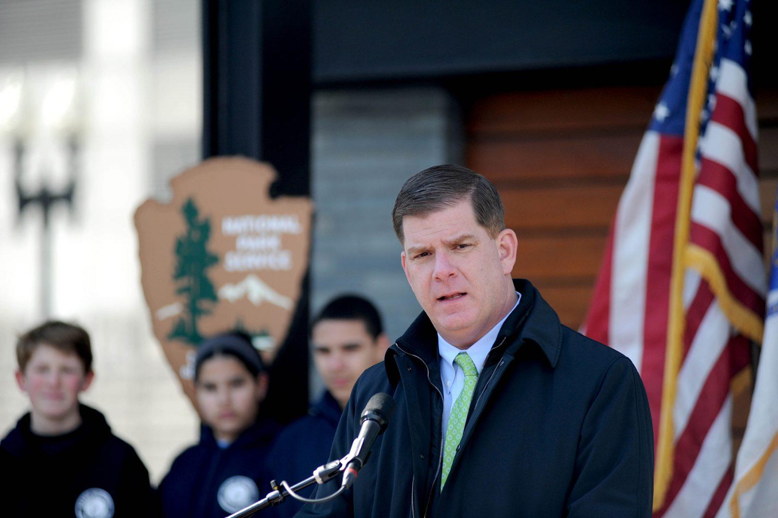 Boston Mayor Martin Walsh with the National Parks Service Director in March of 2015. Walsh and the Community Preservation Committee recommended 56 projects for funding for local community sites and parks, totaling more than $34 million. COURTESY OF THE U.S. DEPARTMENT OF THE INTERIOR