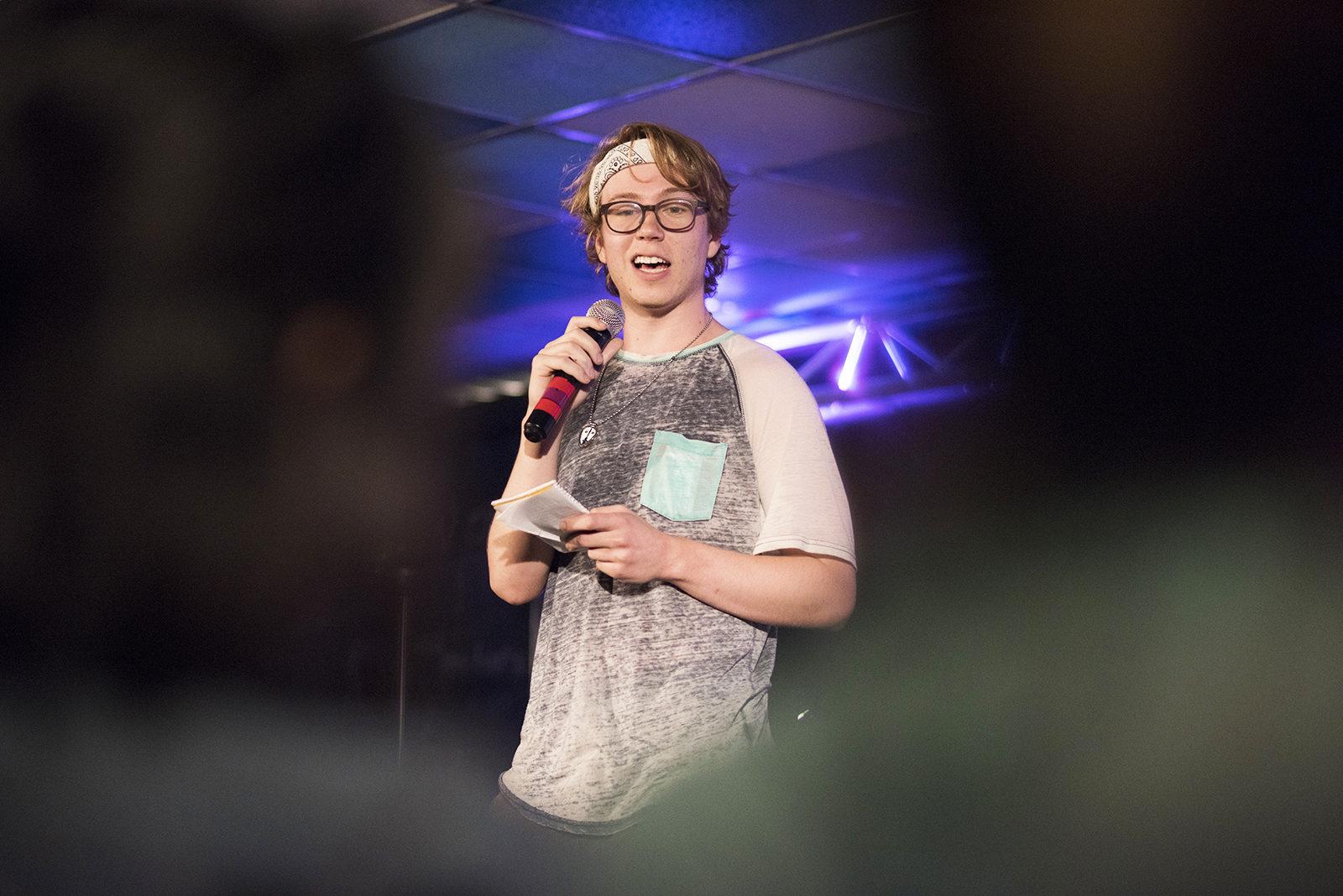 Jordan DiFilippo, a featured comedian, tells a joke at the Flat Waffle: Furst is the Wurst comedy hour in BU Central Sunday night. PHOTO BY LEXI PLINE/ DAILY FREE PRESS STAFF