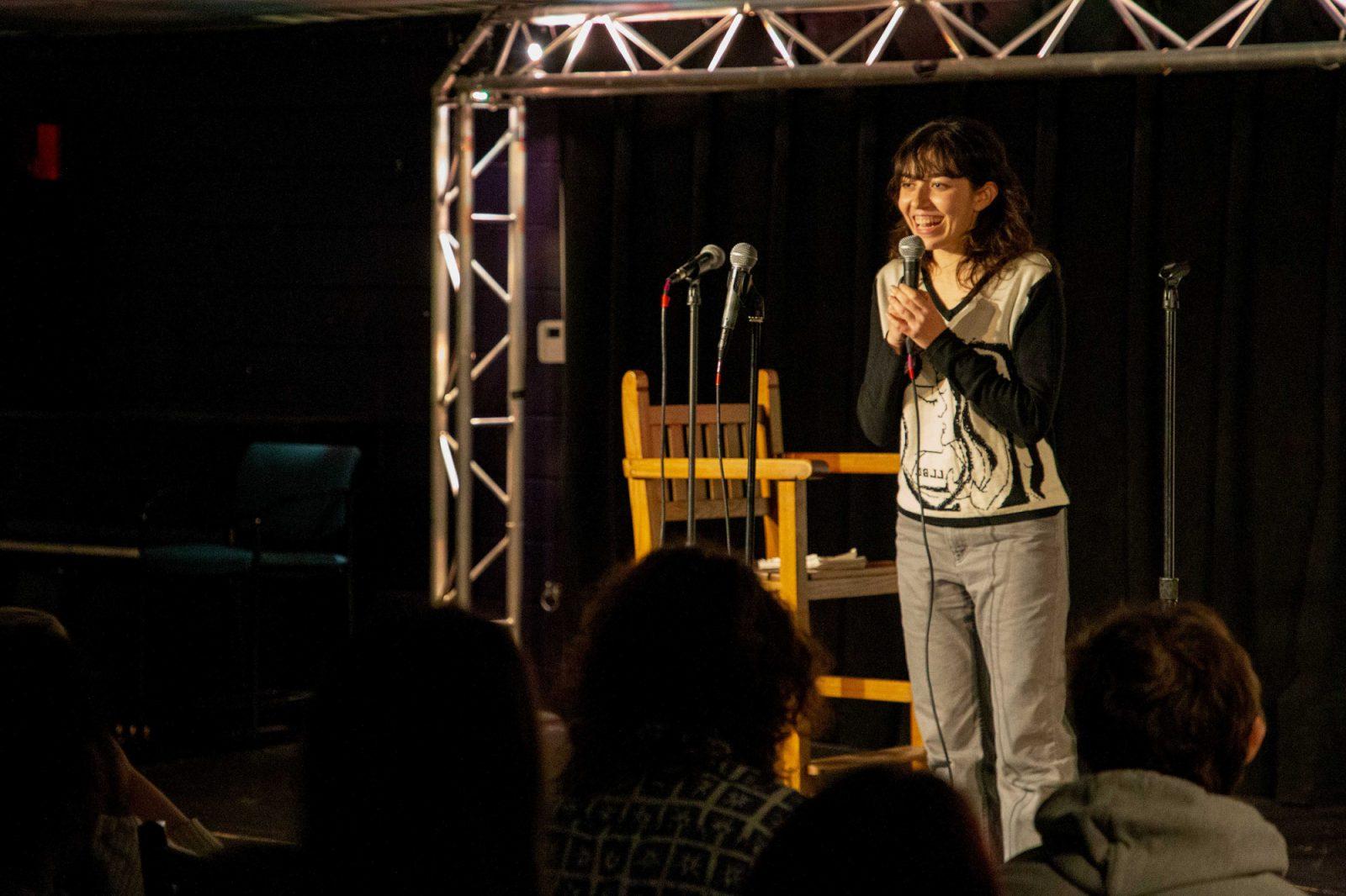 A performer at Boston University Stand-up Club’s Queer & Femme Open Mic on Nov. 30. The event was created to foster an environment for queer people and women underrepresented in comedy