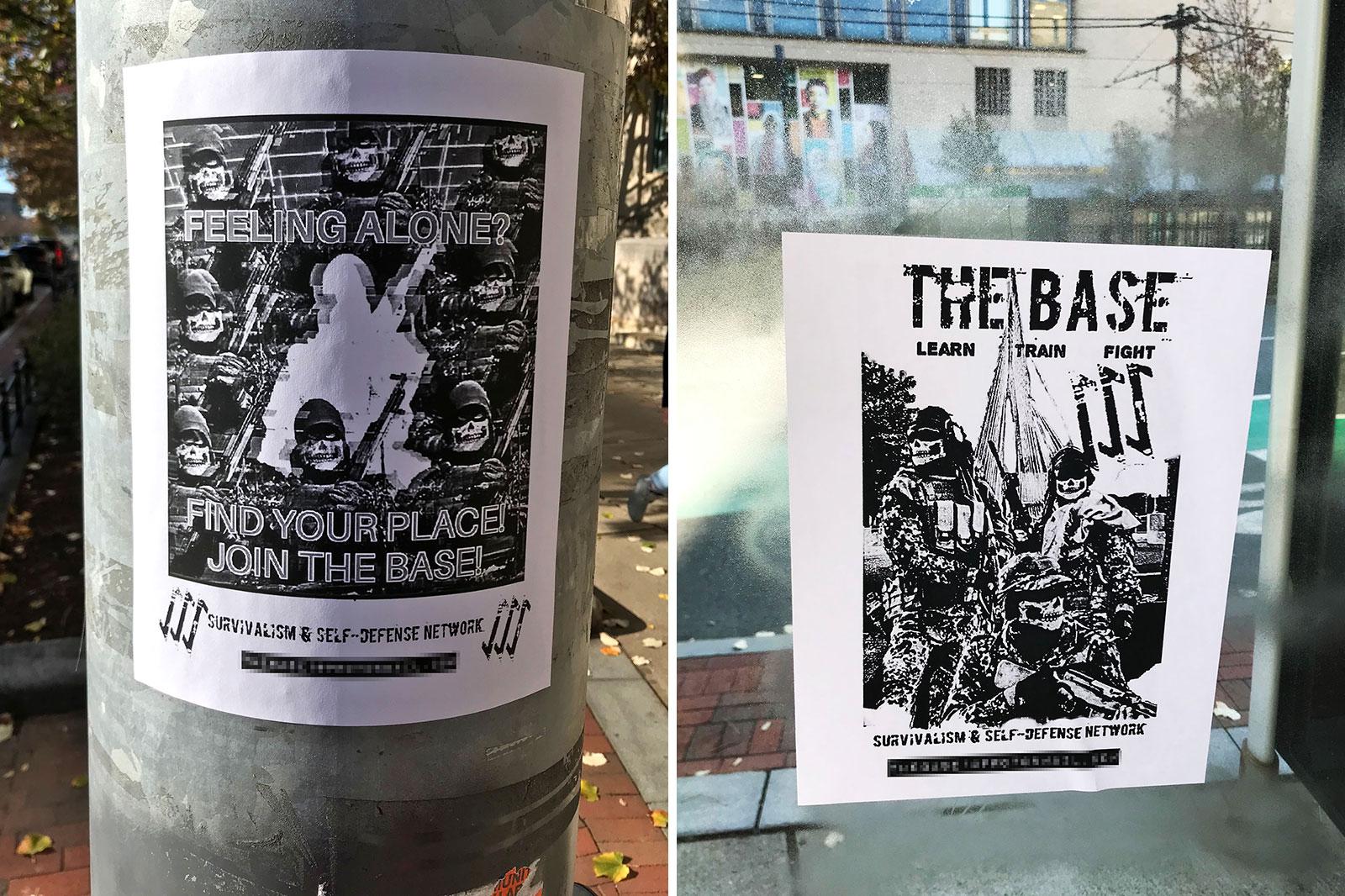 Posters for the white supremacist group “The Base” on Boston University’s campus last November. Instances of white supremacist propaganda increased fourfold in Mass. last year, with cases also more than doubling across the United States. COURTESY SEBASTIAN PORRECA