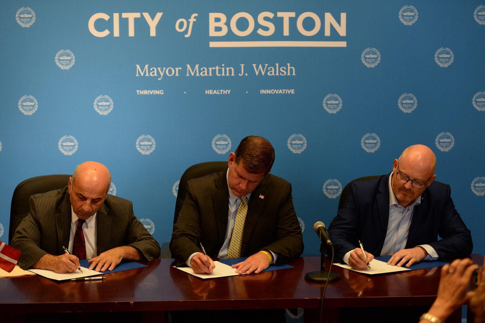 The City of Boston collaborates with Cambridge and Copenhagen to sign a climate memorandum focusing on the cities' climate goals. PHOTO COURTESY GAVIN DAVIS