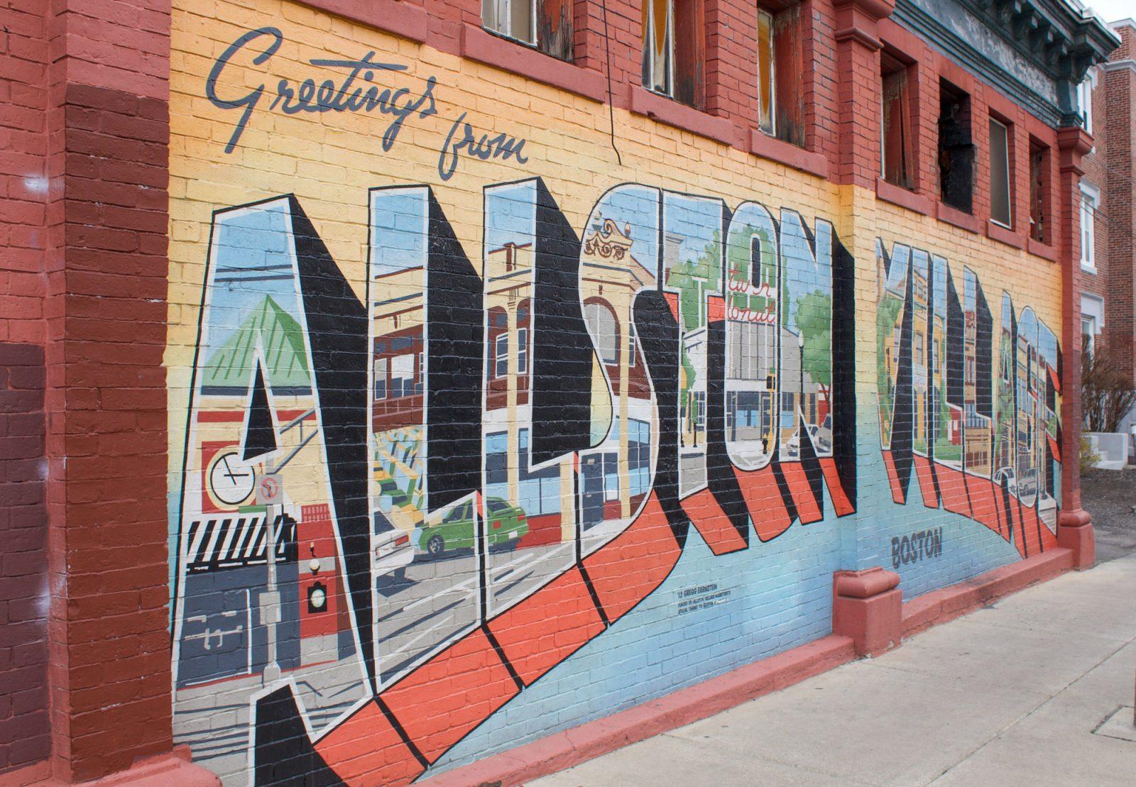 “Greetings from Allston Village” mural by artist Greg Bernstein on Farrington Street. Mayor Wu announced a new “Square + Streets” zoning approach to create more housing in neighborhoods of Boston such as Allston-Brighton. SARAH CRUZ/DFP PHOTOGRAPHER