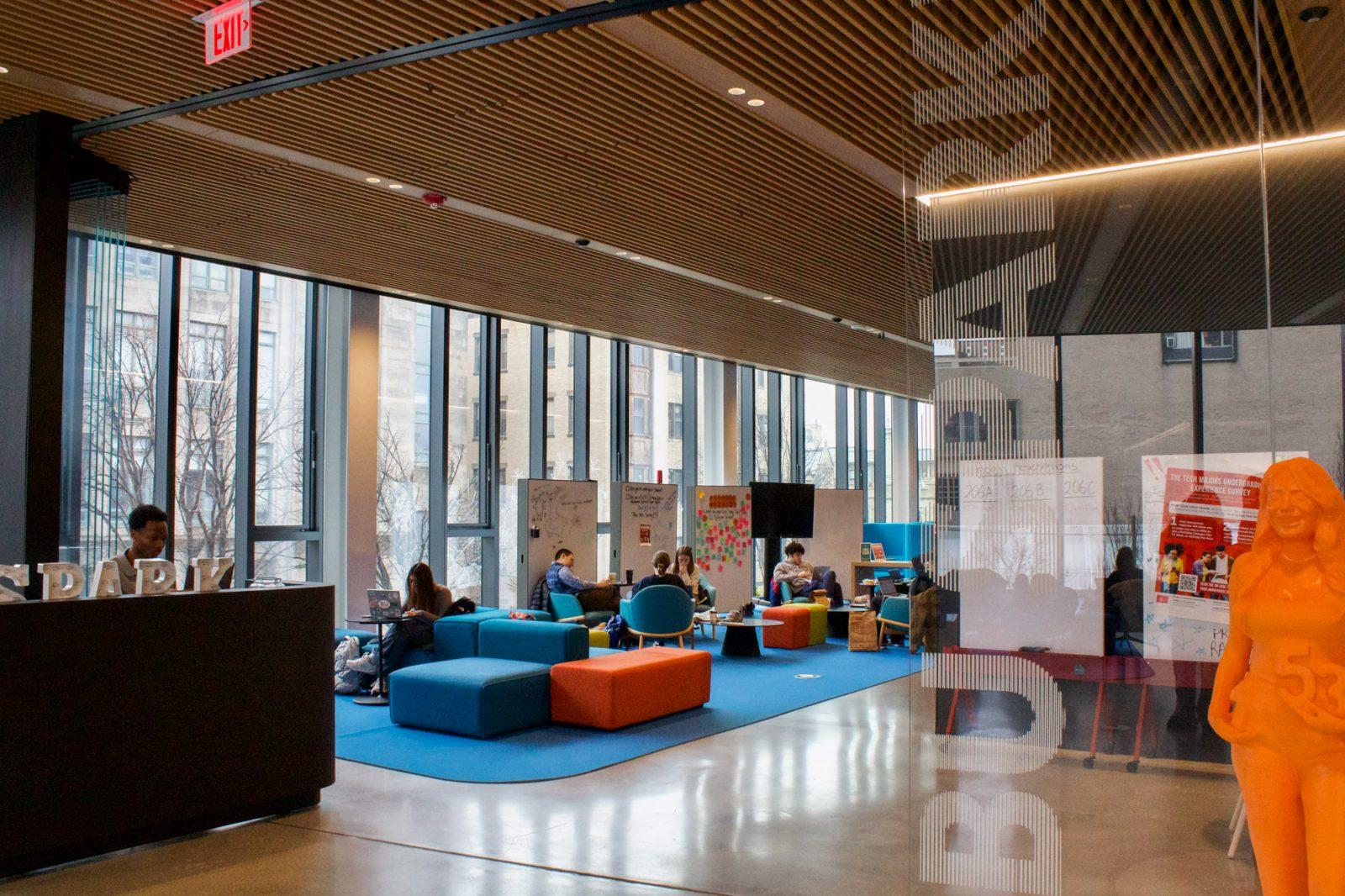 BU Spark! on the second floor of the Center for Computing &amp; Data Sciences. Spark! partnered with the Center for Innovation in Social Science in 2023 to apply data science and computational skills to social science research. SARAH CRUZ/DFP PHOTOGRAPHER