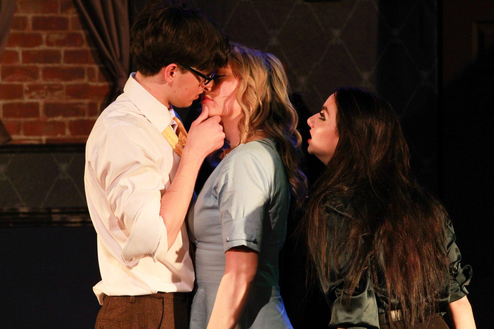 Arthur Adelmann Brants as Vincent Cradeau, Mimi Brown as Estelle Rigault and Alice El-Ouazzane as Inez Serrano in Boston University Stage Troupe’s production of “No Exit.” SARAH CRUZ/DFP PHOTOGRAPHER