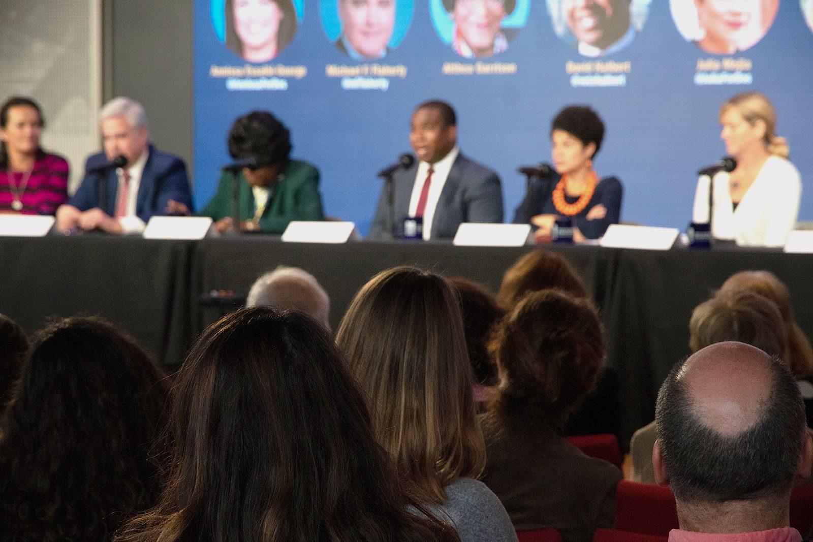 Attendees at a city councilor-at-large debate hosted at WBUR’s CitySpace on Oct. 29, ahead of Boston’s general city council elections that are taking place tomorrow. RACHEL SHARPLES/ DFP FILE
