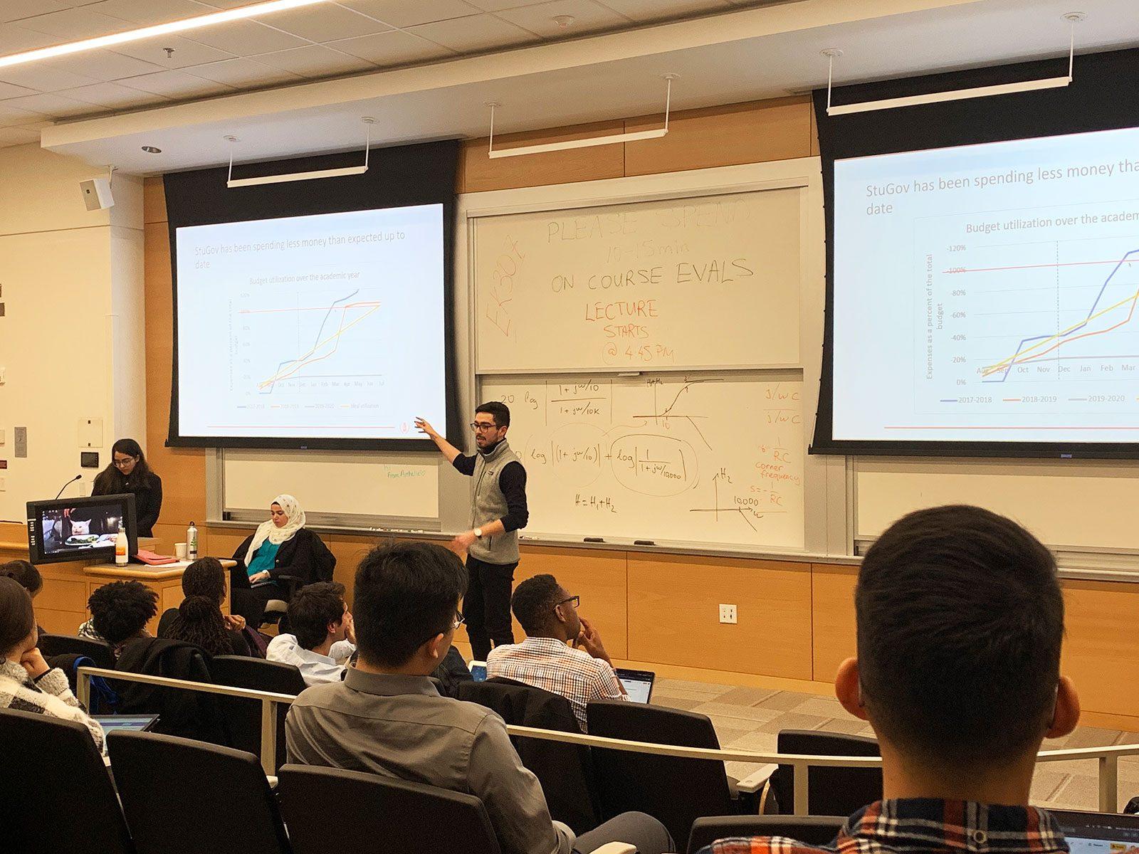 Vice President of Finance Lukas Flores (QST ‘21) presents budget updates to the Undergraduate Student Government Senate Monday. ELLIE YEO/ DAILY FREE PRESS STAFF