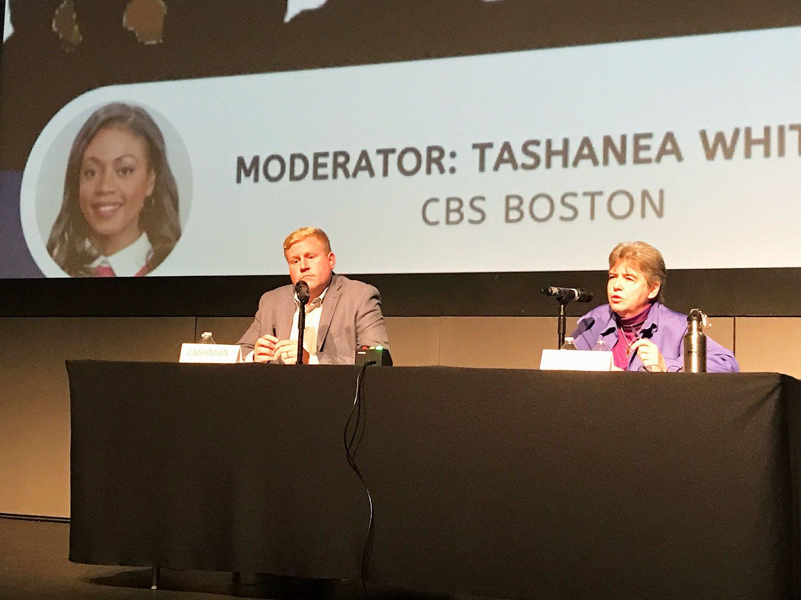 Boston City Council candidates for District 9 Craig Cashman, left, and Liz Breadon take part in a debate on Monday night at WGBH. EMMA LINDSEY/ DAILY FREE PRESS STAFF